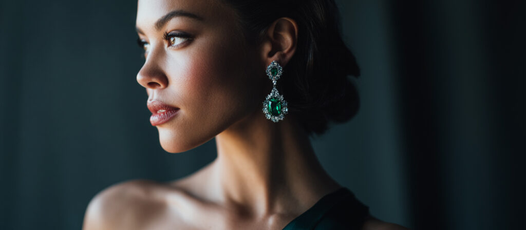 Elegant woman wearing luxurious emerald and diamond drop earrings, softly lit against a dark background in a sophisticated portrait.
