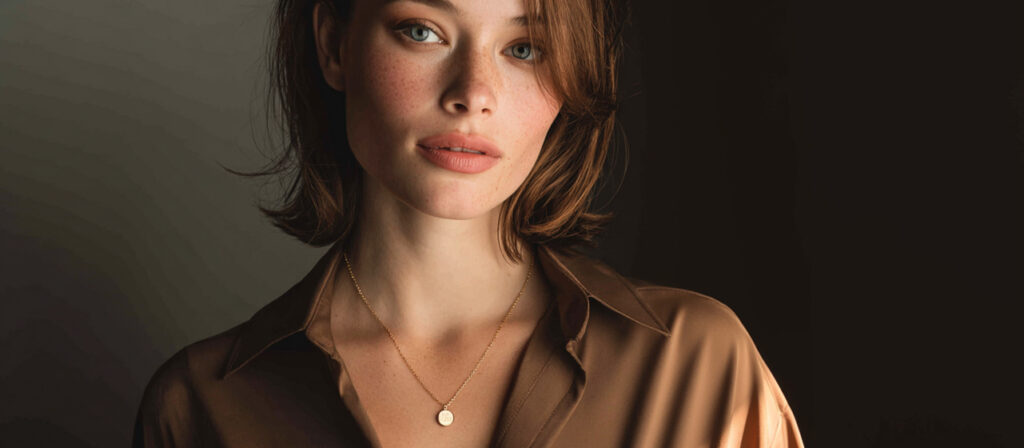Portrait of a woman wearing a delicate gold pendant necklace and a brown blouse, softly lit against a dark background.