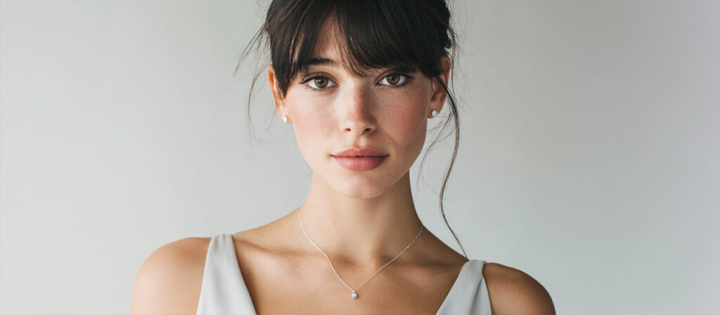 Portrait of a woman wearing a delicate silver necklace and small diamond stud earrings, with natural makeup and soft lighting.